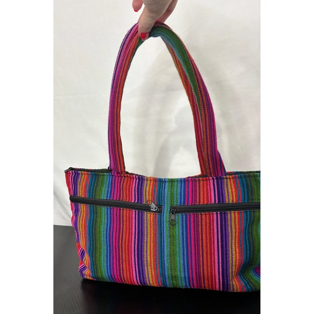 Mexican Floral Embroidered Tote Bag Boho Striped Woven Shoulder Bag Multi-Color